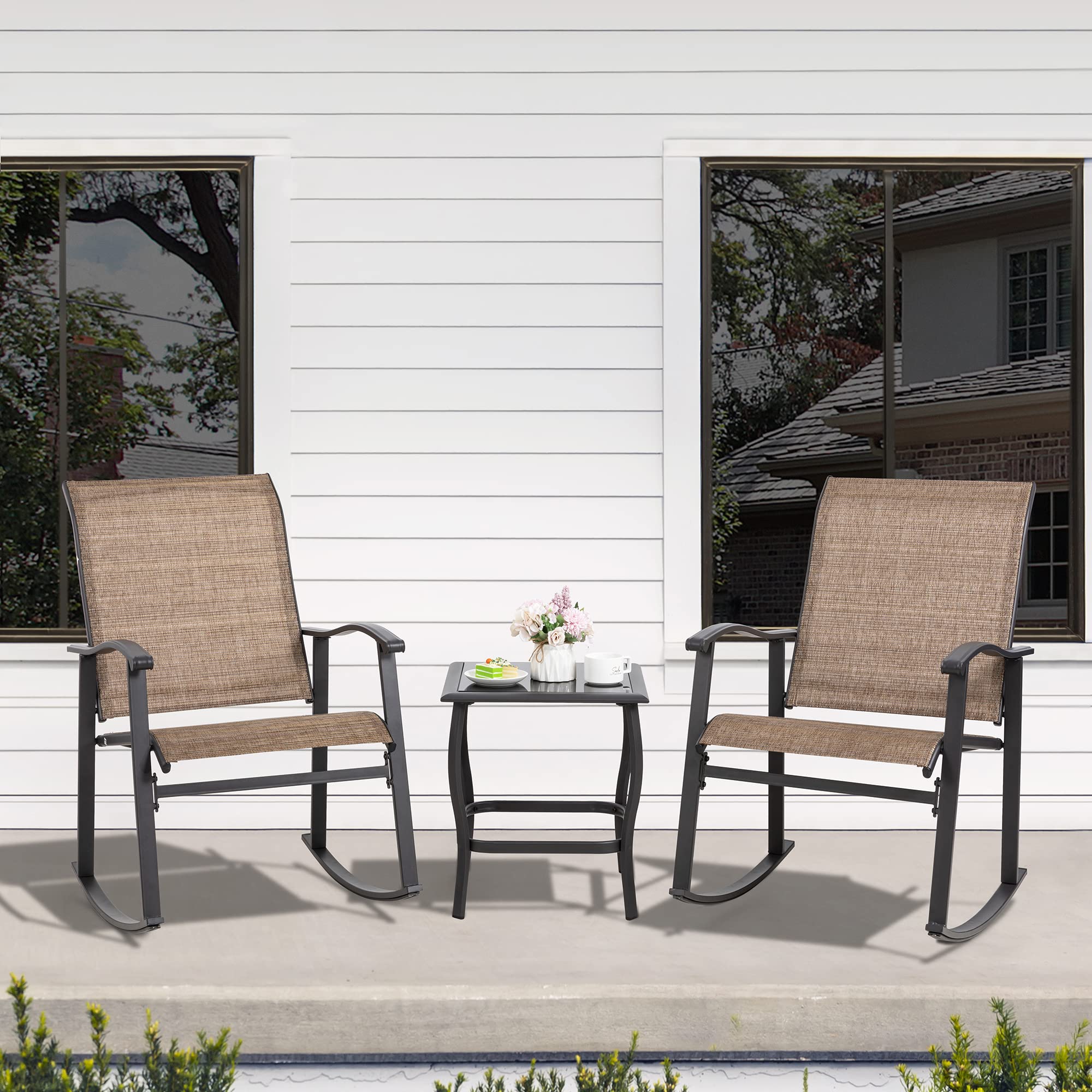 Shintenchi 3 Piece Rocking Bistro Set, Outdoor Furniture with Rocker Chairs and Glass coffee table set of 3, Balcony, Porch Furniture for Small Space, Brown