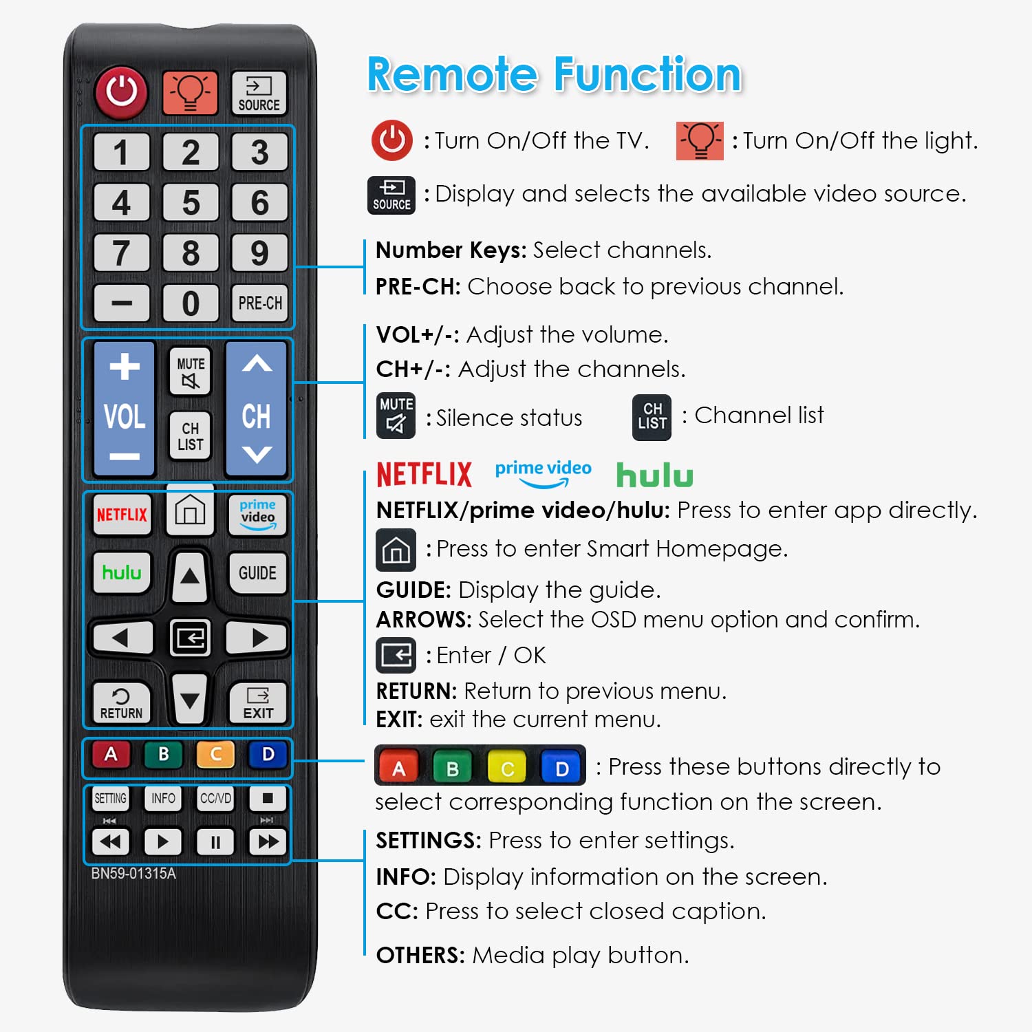 BN59-01315A Universal Backlit Remote Control for Samsung TV Remote Replacement All Samsung Smart TV, LED, LCD, HDTV, 3D, Series TV