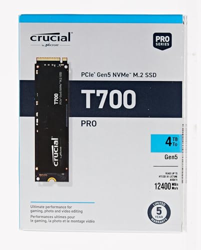 Crucial T700 4TB Gen5 NVMe M.2 SSD - Up to 12,400 MB/s - DirectStorage Enabled - CT4000T700SSD3 - Gaming, Photography, Video Editing & Design - Internal Solid State Drive