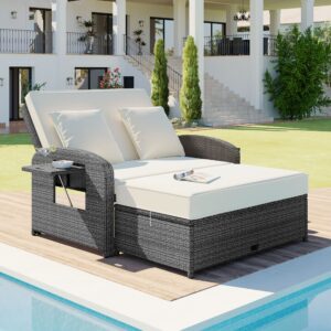 outdoor rattan double chaise lounge, 2-person reclining daybed with adjustable back and cup tray, sunbed for garden yard patio (white/2-person)