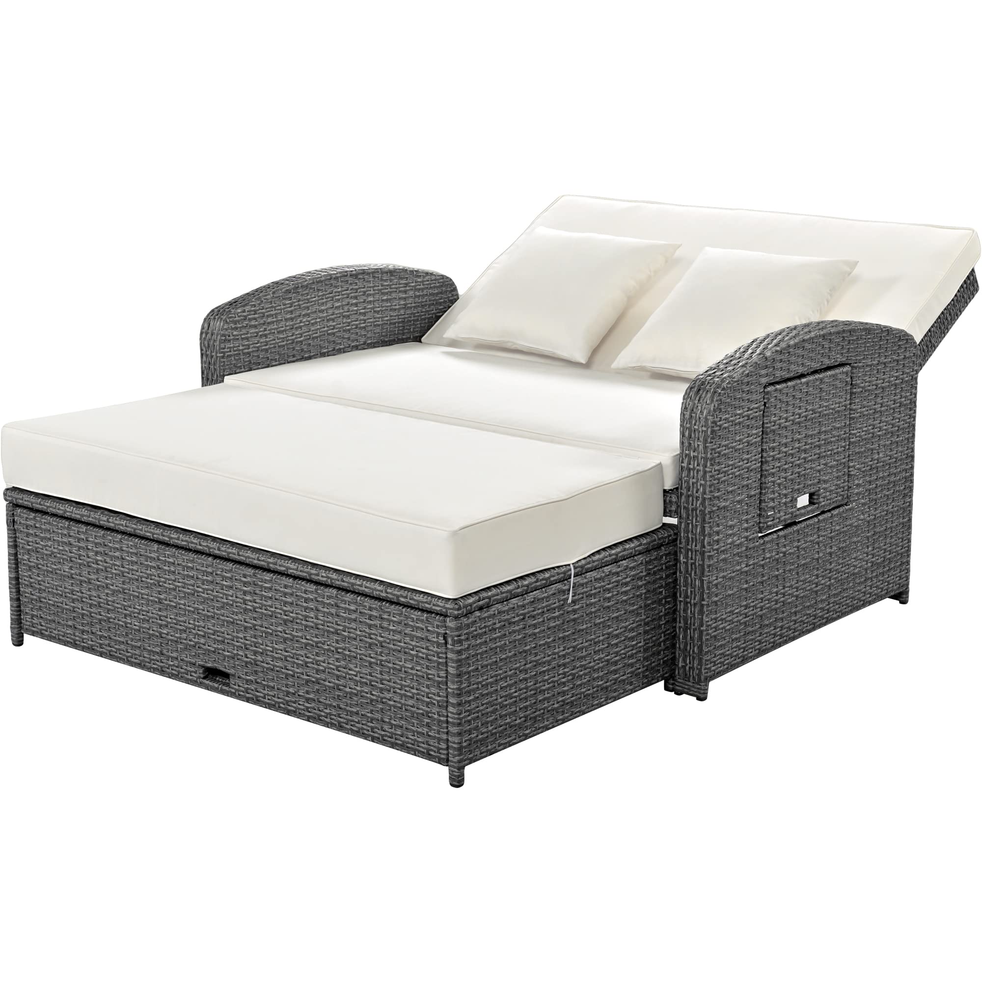 Outdoor Rattan Double Chaise Lounge, 2-Person Reclining Daybed with Adjustable Back and Cup Tray, Sunbed for Garden Yard Patio (White/2-Person)