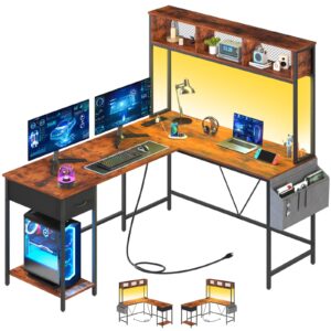 yoobure l shaped desk with led strip & power outlet, reversible l-shaped computer desk, corner desks home office desk with drawer, gaming desk