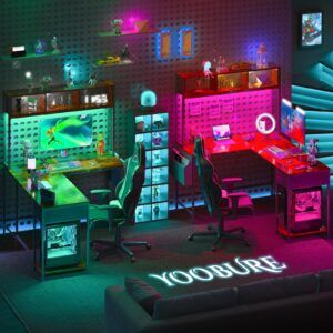 Yoobure L Shaped Desk with LED Strip & Power Outlet, Reversible L-Shaped Computer Desk, Corner Desks Home Office Desk with Drawer, Gaming Desk