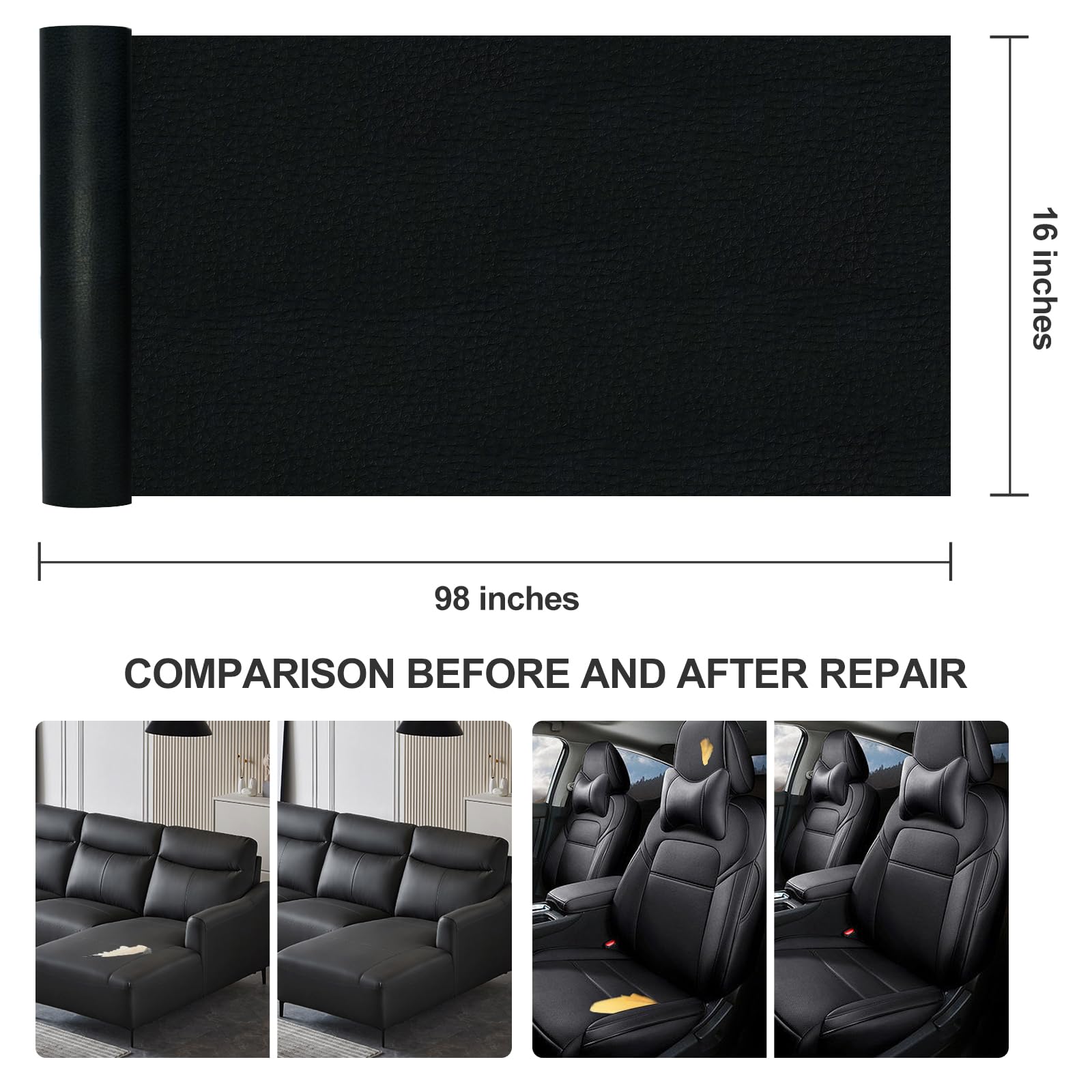 aididan Leather Repair Patch,Leather Repair Tape,Black 98×16 Inch Furniture Self Adhesive Leather Couch Patch Vinyl Repair Kit for Sofas,Handbags,Car Seats,Office Seats,Leather Goods Trim Tape.