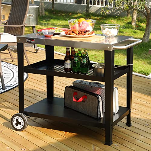 Royal Gourmet PC3404S Rolling Dining Table with Trash Bag Holder, Outdoor Garden Patio BBQ Kitchen Food Prep Table Cart, 34"L x 20"W Stainless Steel Tabletop, Silver & Black