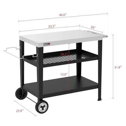 Royal Gourmet PC3404S Rolling Dining Table with Trash Bag Holder, Outdoor Garden Patio BBQ Kitchen Food Prep Table Cart, 34"L x 20"W Stainless Steel Tabletop, Silver & Black