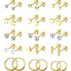 Florideco Small Tiny Stud Earrings for Women Men Hypoallergenic Flat Back Earrings 14K Gold Plated Surgical Stainless Steel Earrings Sets Screw Back Cartilage Earrings