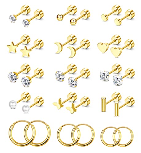 Florideco Small Tiny Stud Earrings for Women Men Hypoallergenic Flat Back Earrings 14K Gold Plated Surgical Stainless Steel Earrings Sets Screw Back Cartilage Earrings