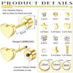 Florideco Small Tiny Stud Earrings for Women Men Hypoallergenic Flat Back Earrings 14K Gold Plated Surgical Stainless Steel Earrings Sets Screw Back Cartilage Earrings