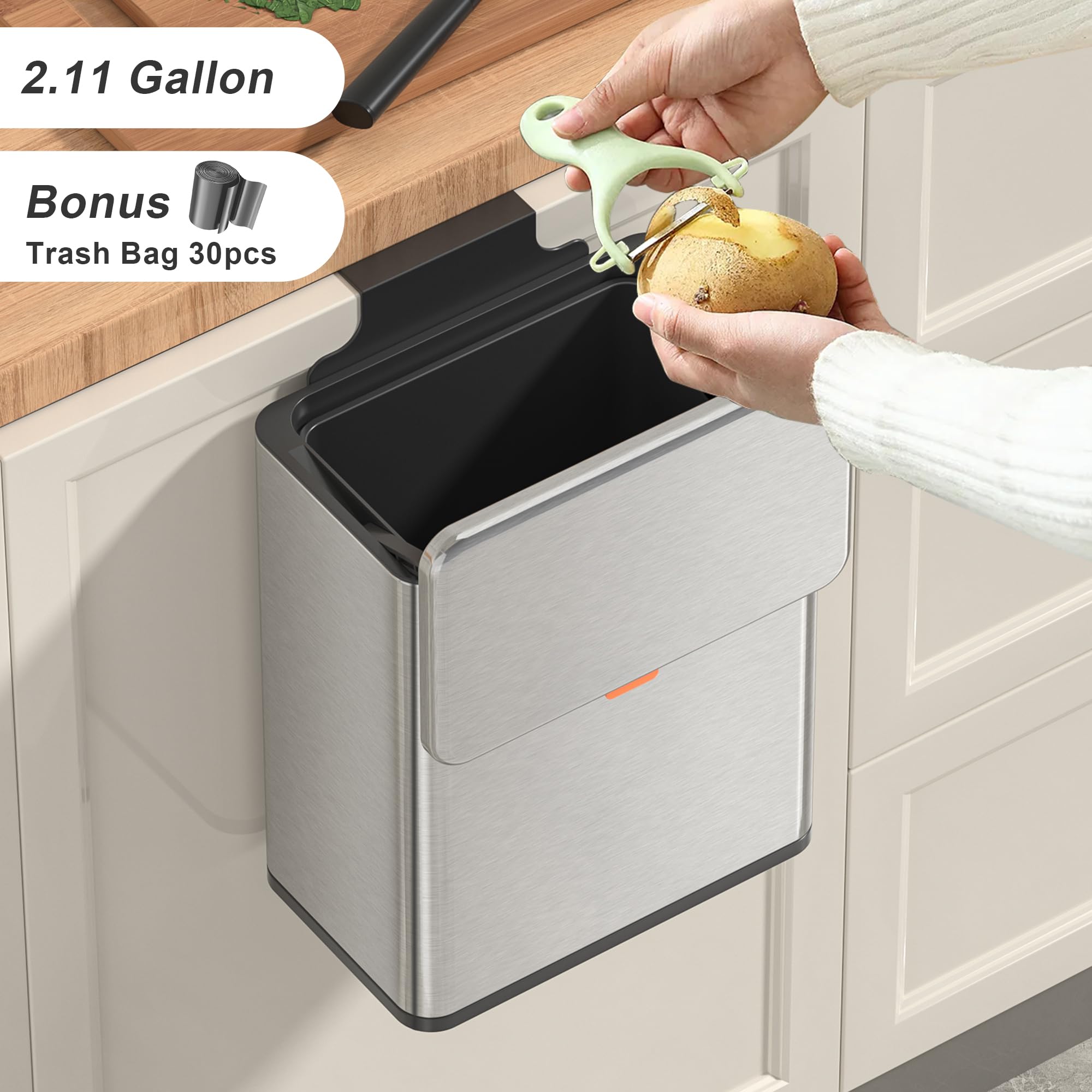 Mbillion Kitchen Compost Bin Hanging Trash Can with Lid 2.1 Gallon Stainless Steel Garbage Can for Kitchen Cabinet Door Mounted Trash Can Under Sink Door RV Bathroom,Silver