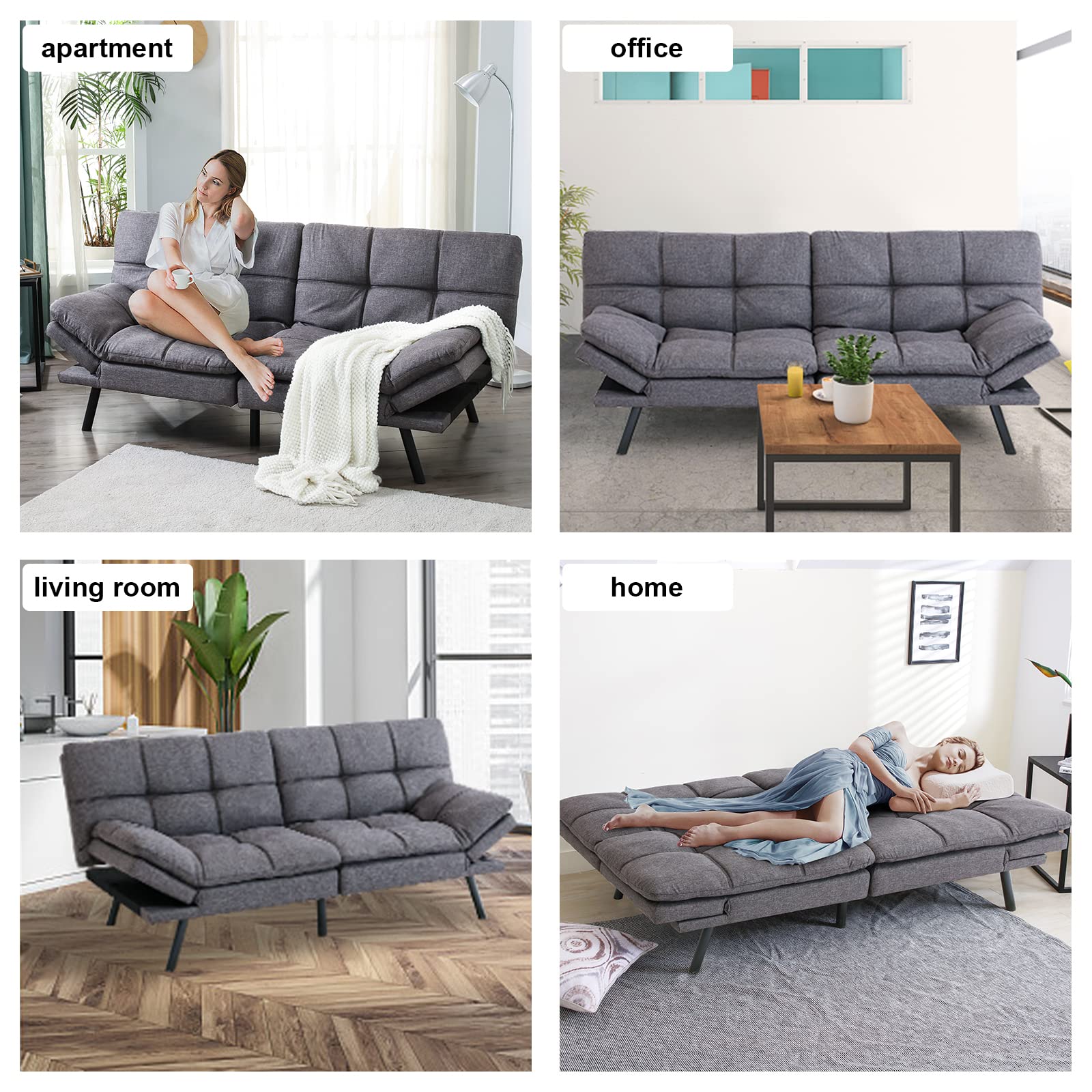 Maxspeed Futon Sofa Bed Couch Sleeper Convertible Memory Foam Modern Love seat for Living Room,Small Compact Space,Office,Apartment,Adjustable Armrests Backrest,71" Sofabed, Grey