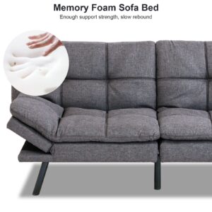 Maxspeed Futon Sofa Bed Couch Sleeper Convertible Memory Foam Modern Love seat for Living Room,Small Compact Space,Office,Apartment,Adjustable Armrests Backrest,71" Sofabed, Grey