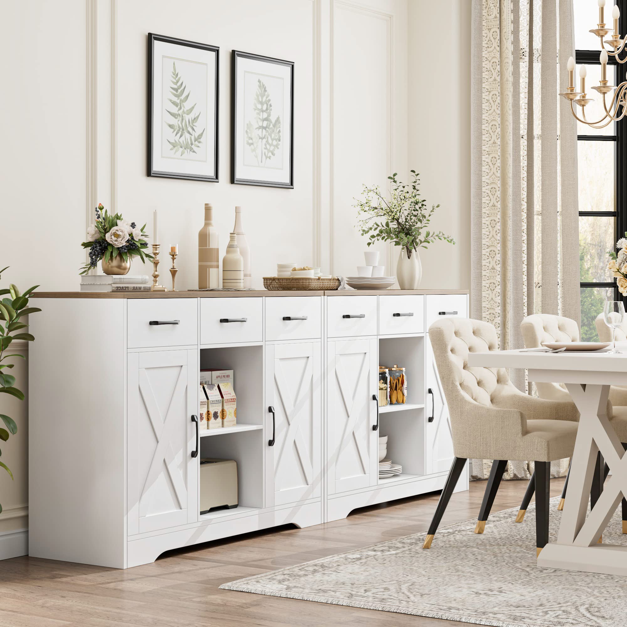 HOSTACK Modern Farmhouse Buffet Cabinet with Storage, Barn Doors Sideboard Buffet Storage Cabinet with Drawers and Shelves, Wood Coffee Bar Cabinet for Kitchen, Dining Room, Living Room, White