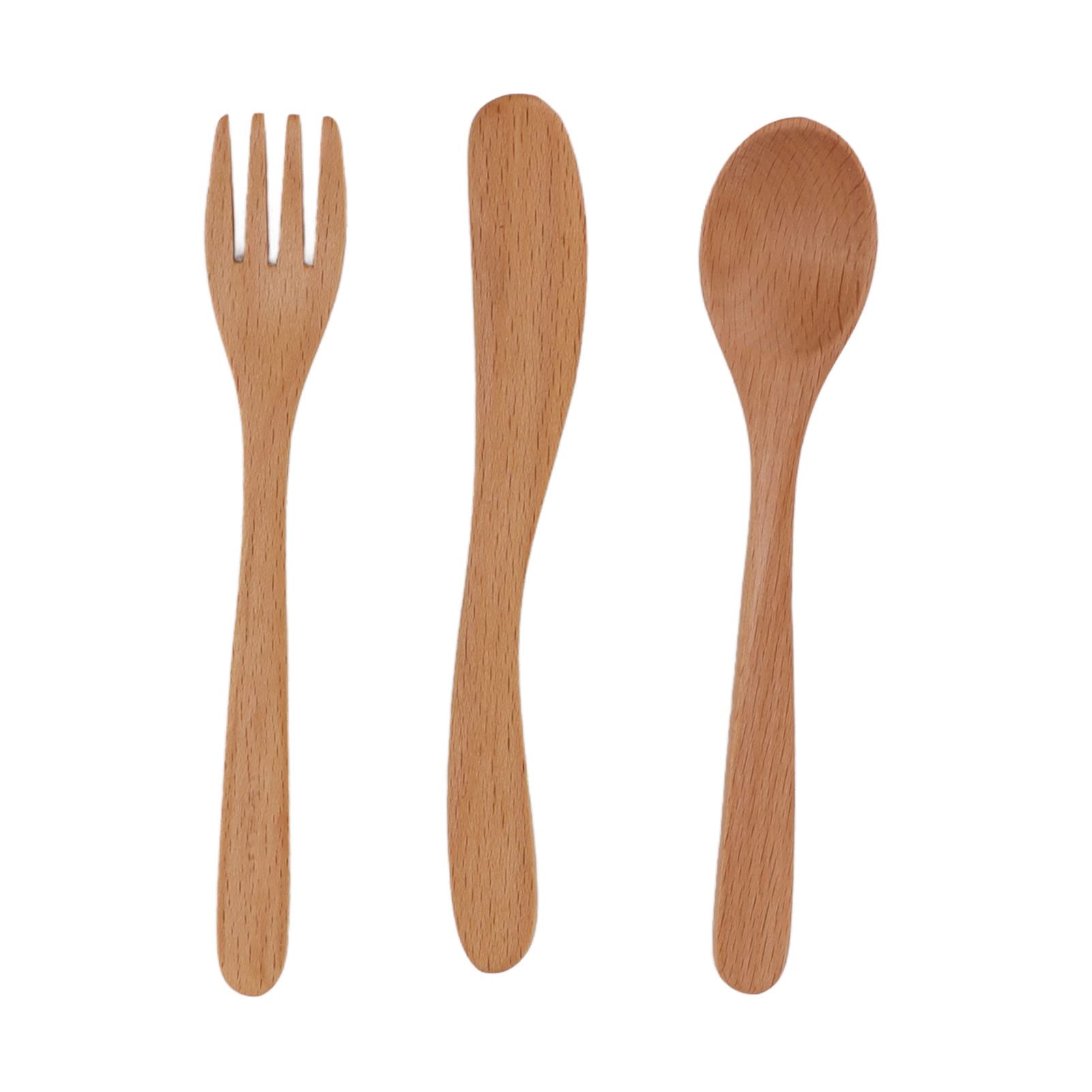 Wooden Flatware Set, Japanese Style Thick Beech Wood Cultery Set, Reusable Wooden Eating Utensils, Sturdy Smoothing Spoon Fork Set with Knife for Home, Kitchen, Cooking