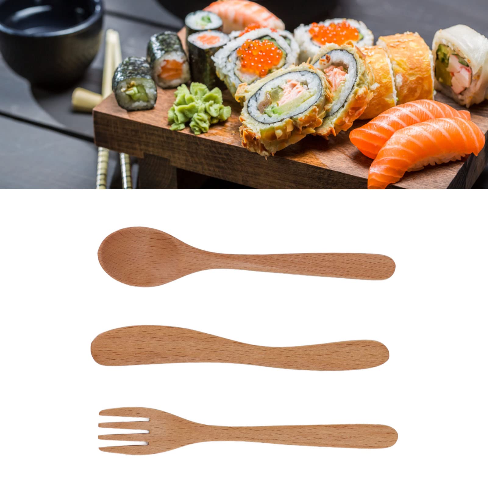 Wooden Flatware Set, Japanese Style Thick Beech Wood Cultery Set, Reusable Wooden Eating Utensils, Sturdy Smoothing Spoon Fork Set with Knife for Home, Kitchen, Cooking