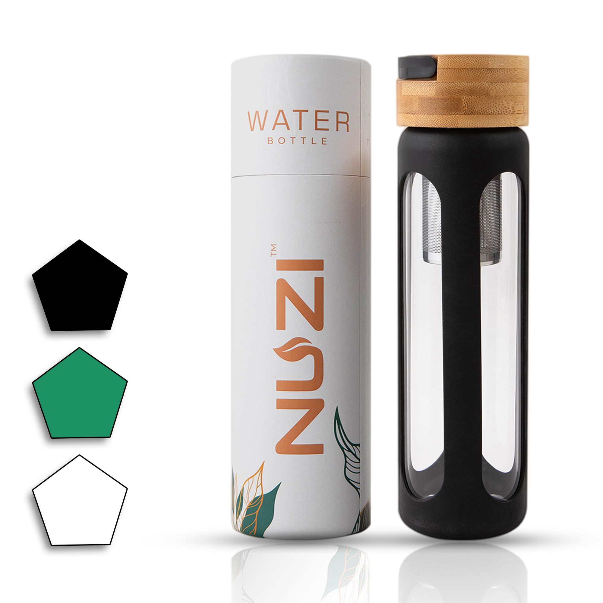 NUZI Glass Water Bottles 18 oz with Stainless Steel Fruit Infuser | Insulated Water Bottle | Reusable Glass Water Bottles with Silicone Sleeve & Bamboo Lid | BPA Free and Leakproof | Black | 1 Pc