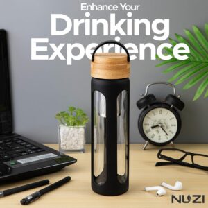 NUZI Glass Water Bottles 18 oz with Stainless Steel Fruit Infuser | Insulated Water Bottle | Reusable Glass Water Bottles with Silicone Sleeve & Bamboo Lid | BPA Free and Leakproof | Black | 1 Pc