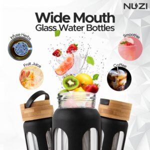 NUZI Glass Water Bottles 18 oz with Stainless Steel Fruit Infuser | Insulated Water Bottle | Reusable Glass Water Bottles with Silicone Sleeve & Bamboo Lid | BPA Free and Leakproof | Black | 1 Pc