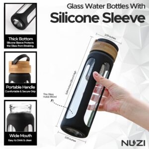 NUZI Glass Water Bottles 18 oz with Stainless Steel Fruit Infuser | Insulated Water Bottle | Reusable Glass Water Bottles with Silicone Sleeve & Bamboo Lid | BPA Free and Leakproof | Black | 1 Pc