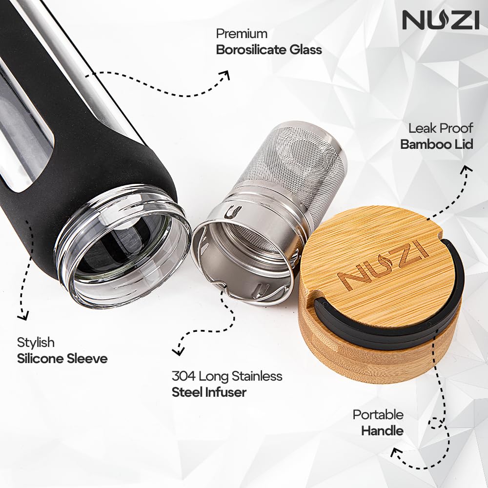 NUZI Glass Water Bottles 18 oz with Stainless Steel Fruit Infuser | Insulated Water Bottle | Reusable Glass Water Bottles with Silicone Sleeve & Bamboo Lid | BPA Free and Leakproof | Black | 1 Pc