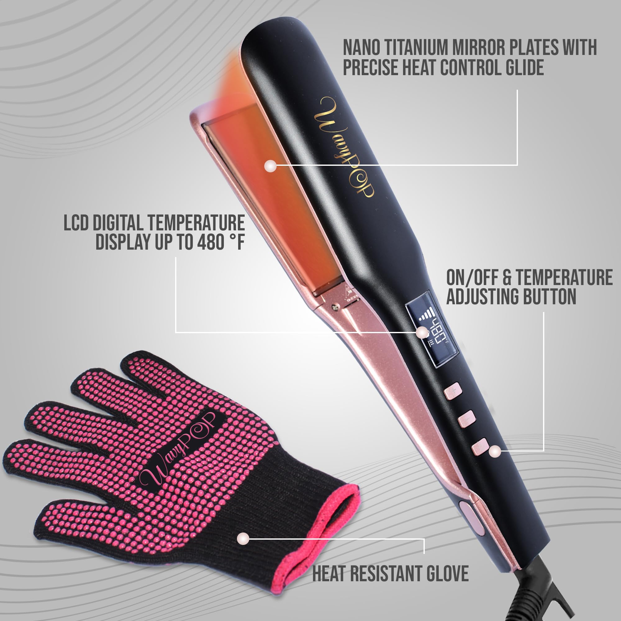 Flat Iron Hair Straightener & Curling Wand, WAVYPOP PRO 100% Pure Titanium Pink 1" | Professional Straightening Hair Iron with Ceramic Heater and Auto Shut Off | Dual Voltage & Adjustable Temp