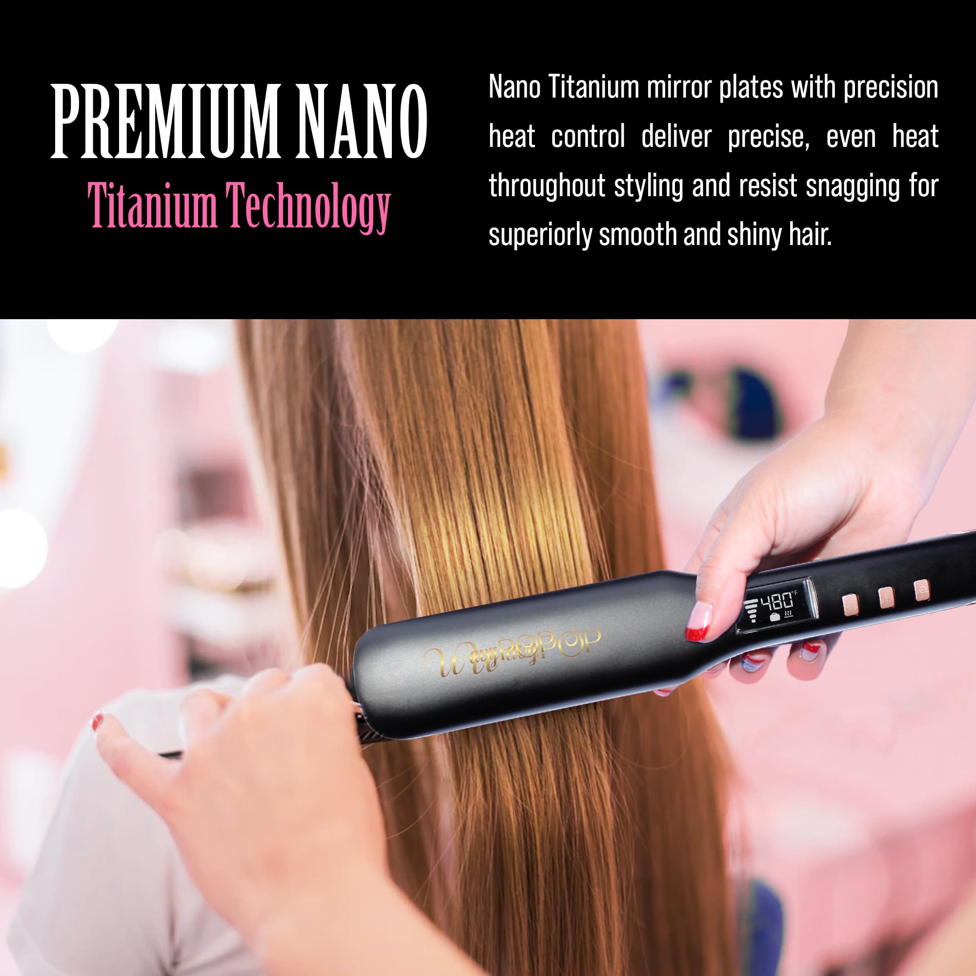 Flat Iron Hair Straightener & Curling Wand, WAVYPOP PRO 100% Pure Titanium Pink 1" | Professional Straightening Hair Iron with Ceramic Heater and Auto Shut Off | Dual Voltage & Adjustable Temp