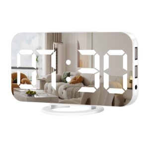 muoigoe digital alarm clock,large display led and mirror desk clock with dual usb charger ports, 3 levels brightness,12/24h alarm clocks, modern electronic clock for bedroom living room office - white
