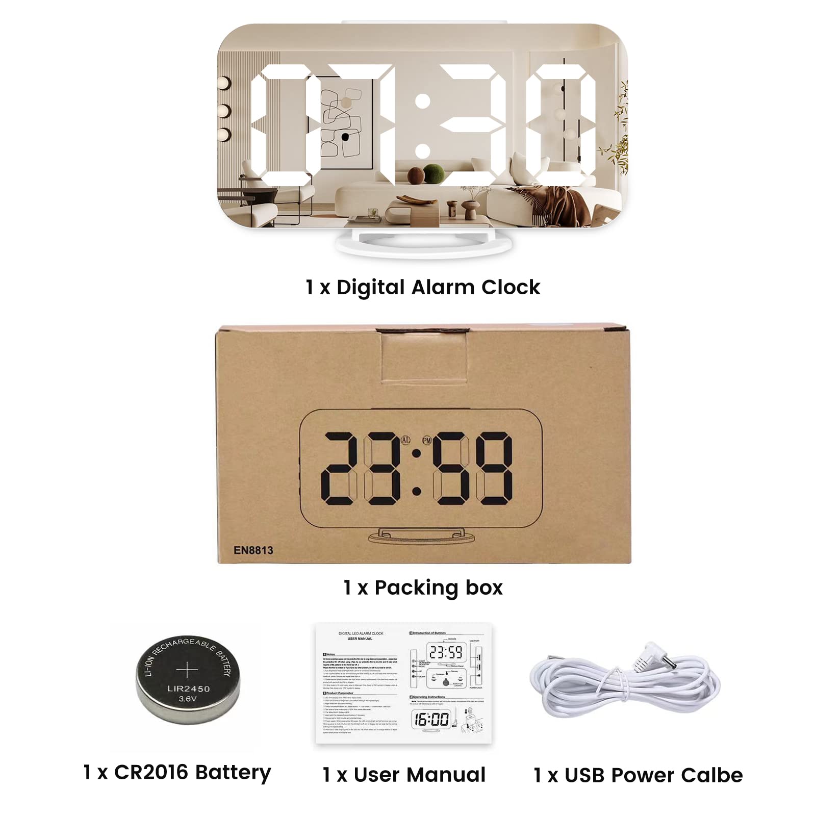 Muoigoe Digital Alarm Clock,Large Display LED And Mirror Desk Clock With Dual USB Charger Ports, 3 Levels Brightness,12/24H Alarm Clocks, Modern Electronic Clock for Bedroom Living Room Office - White