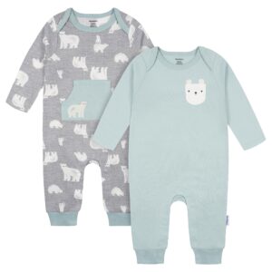 gerber baby boys' 2-pack long sleeve jumpsuit, blue polar bear, 3-6 months