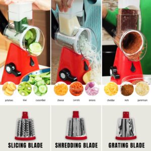 Rotary Cheese Grater with Handle, Cheese Grater Hand Crank, Fast Cutting Grater for Kitchen with 3 Interchangeable Blades, Vegetable Slicer, Cheese Shredder with Suction Cup Base, Dishwasher Safe