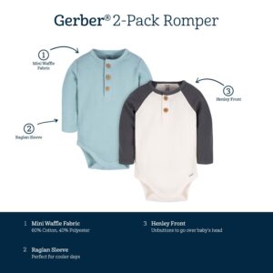 Gerber Baby Boy's 2-Pack Long Sleeve Henley Onesies, Blue and Ivory