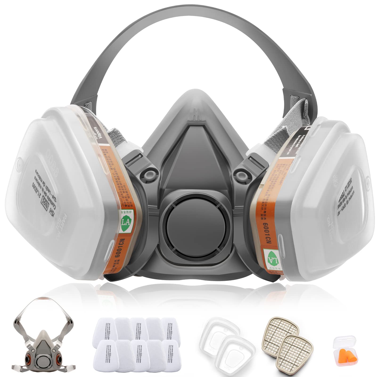 Ougulie Reusable Respirator Mask Full Set with 10 Filters, Organic Vapor Cartridges to Protect Against Particulate, Dust, Fumes, Chemicals while Painting, Spraying,Cleaning