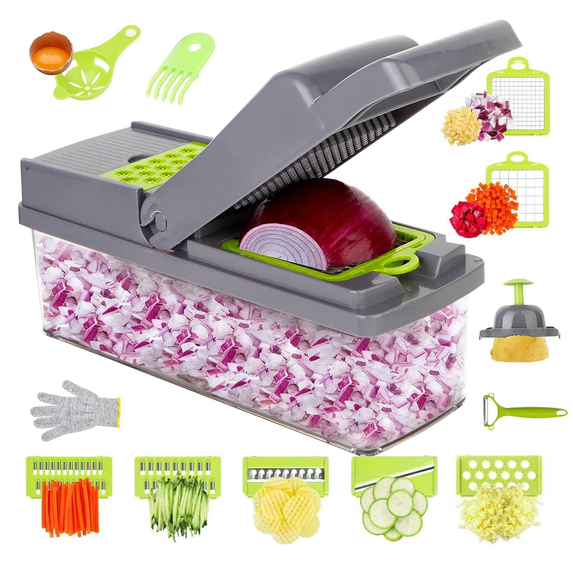 YOUNGER-RIS Vegetable Chopper, 15 in 1 Chopper Vegetable Cutter, Kitchen Pro Food Chopper Slicer Dicer with Glove, Egg Veggie Chopper with 8 Blades, Carrots Onions Garlic Fruits Chopper with Container