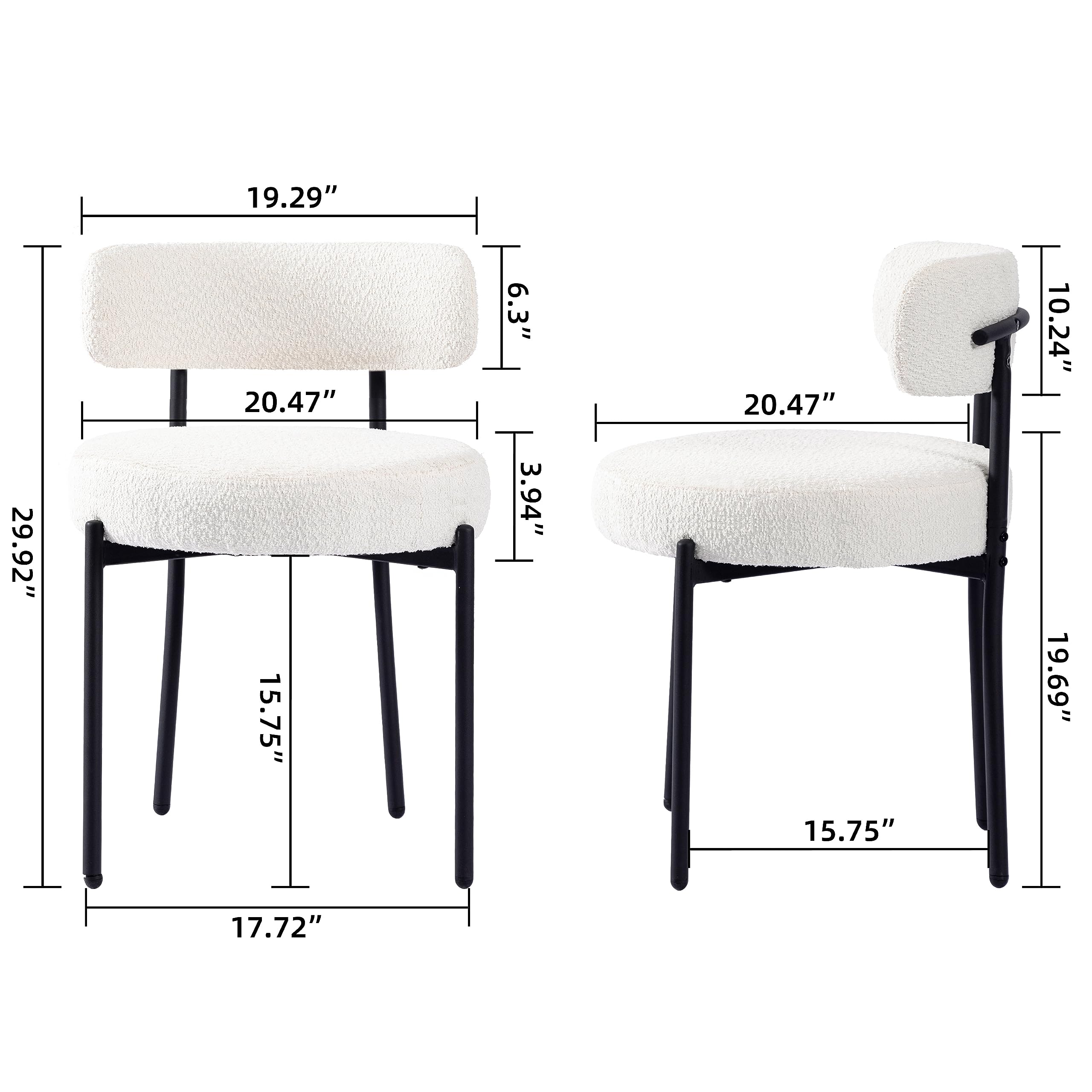 DYHOME Dining Chairs Set of 4, White Modern Upholstered Kitchen Dining Room Chairs, Boucle Dining Chairs Curved Backrest, Mid Century Kitchen Chairs with Black Metal Legs