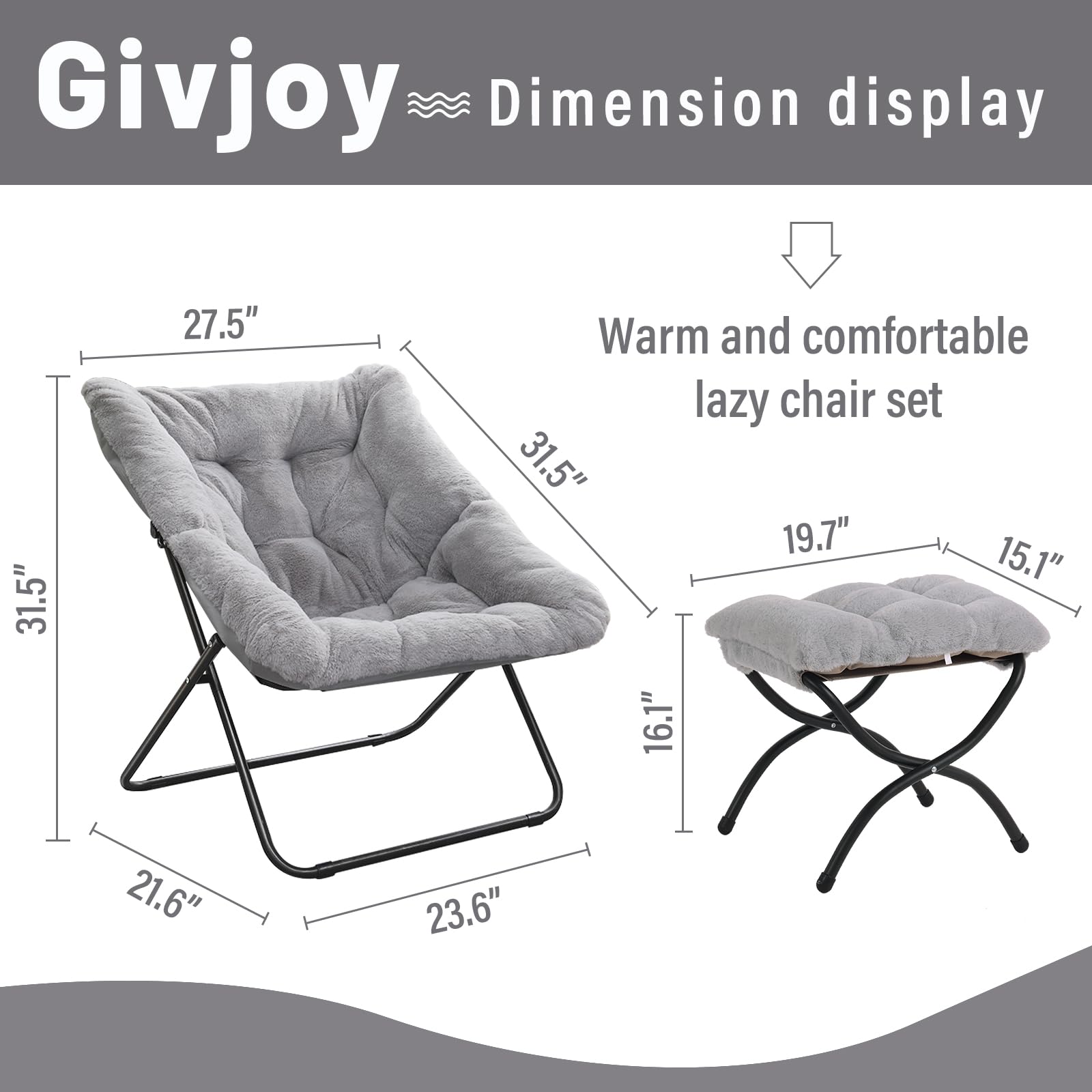 Givjoy Comfy Saucer Chair with Ottoman, Oversized Folding Faux Fur Chair Soft Furry Lounge Lazy Chair with Metal Frame Moon Chair Accent Chair for Bedroom, Living Room, Dorm Rooms