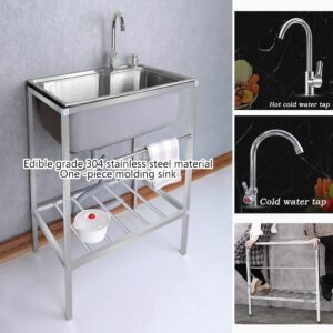 Stainless Steel Single Bowl Kitchen Sink with Stand Free Standing Commercial Restaurant Utility Washing Station Hand Basin Sink Set with Hot Cold Faucet for Laundry Backyard Garage Outdoor (Color : H