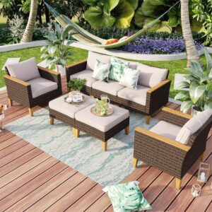 MFSTUDIO 7 Piece Wicker Patio Furniture Set, 2 x Single Chair, 2 x Ottoman, 3-Seat Sofa, All-Weather Outdoor PE Rattan Patio Conversation Set for Garden, Backyard(Beige Cushions)