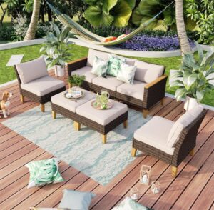 mfstudio 7 piece wicker patio furniture set, 2 x armless sofa, 2 x ottoman, 3-seat sofa, all-weather outdoor pe rattan patio conversation set sectional sofa for garden, backyard(beige cushions)