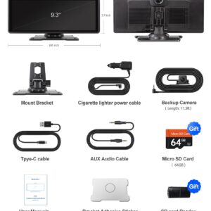 Portable 9.3" Dash Mount Apple CarPlay with 4K Front and Rear 1080P Dash Cam,Wireless Android Auto Car play Screen Stereo for Cars, with Backup Camera/Bluetooth/AUX/FM,Head Unit,Car Audio Receivers