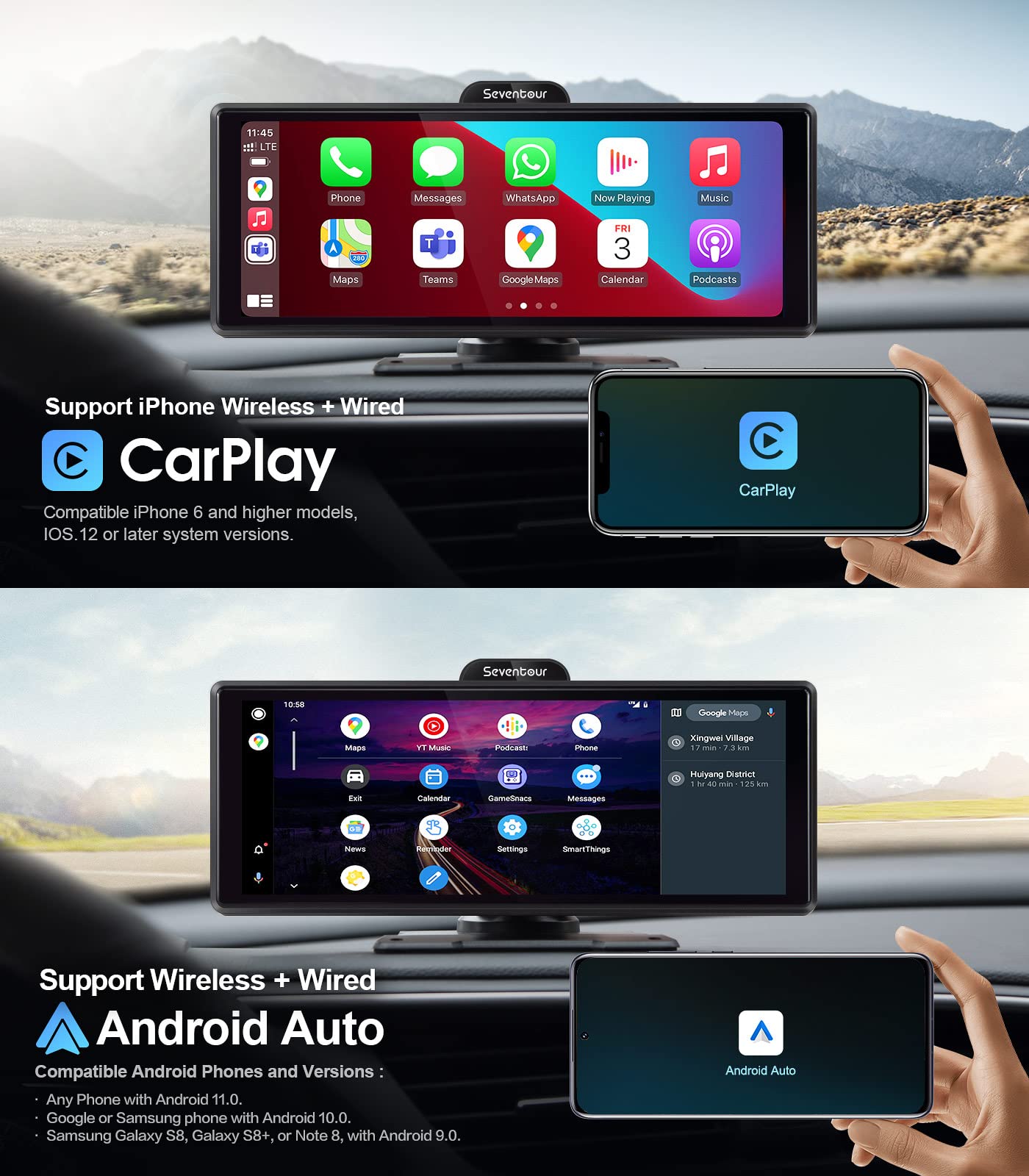 Portable 9.3" Dash Mount Apple CarPlay with 4K Front and Rear 1080P Dash Cam,Wireless Android Auto Car play Screen Stereo for Cars, with Backup Camera/Bluetooth/AUX/FM,Head Unit,Car Audio Receivers