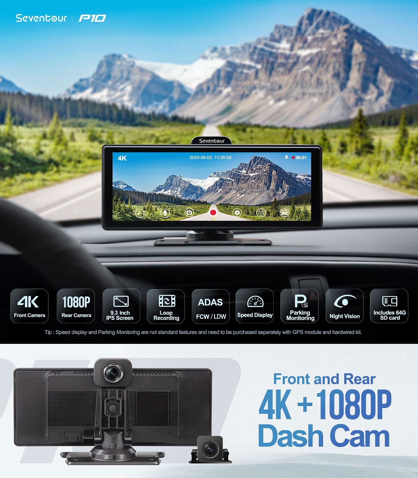 Portable 9.3" Dash Mount Apple CarPlay with 4K Front and Rear 1080P Dash Cam,Wireless Android Auto Car play Screen Stereo for Cars, with Backup Camera/Bluetooth/AUX/FM,Head Unit,Car Audio Receivers