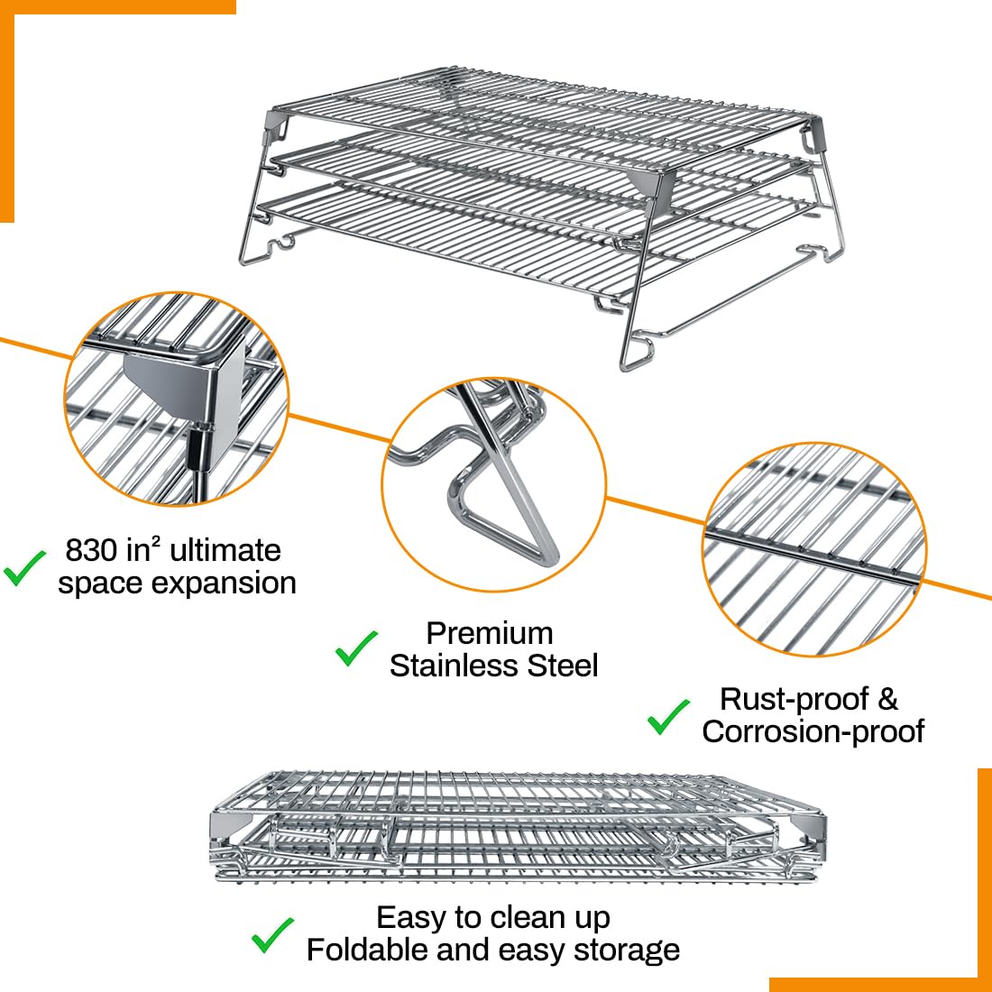 Jerky Racks for Barrel Style Pellet Grills, 21 inch 3 Tiered Foldable Sliding, 830 in² Cooking Space Expansion Accessory for Traeger, Pit Boss, Green Mountain, Camp Chef and More Smoker Grills