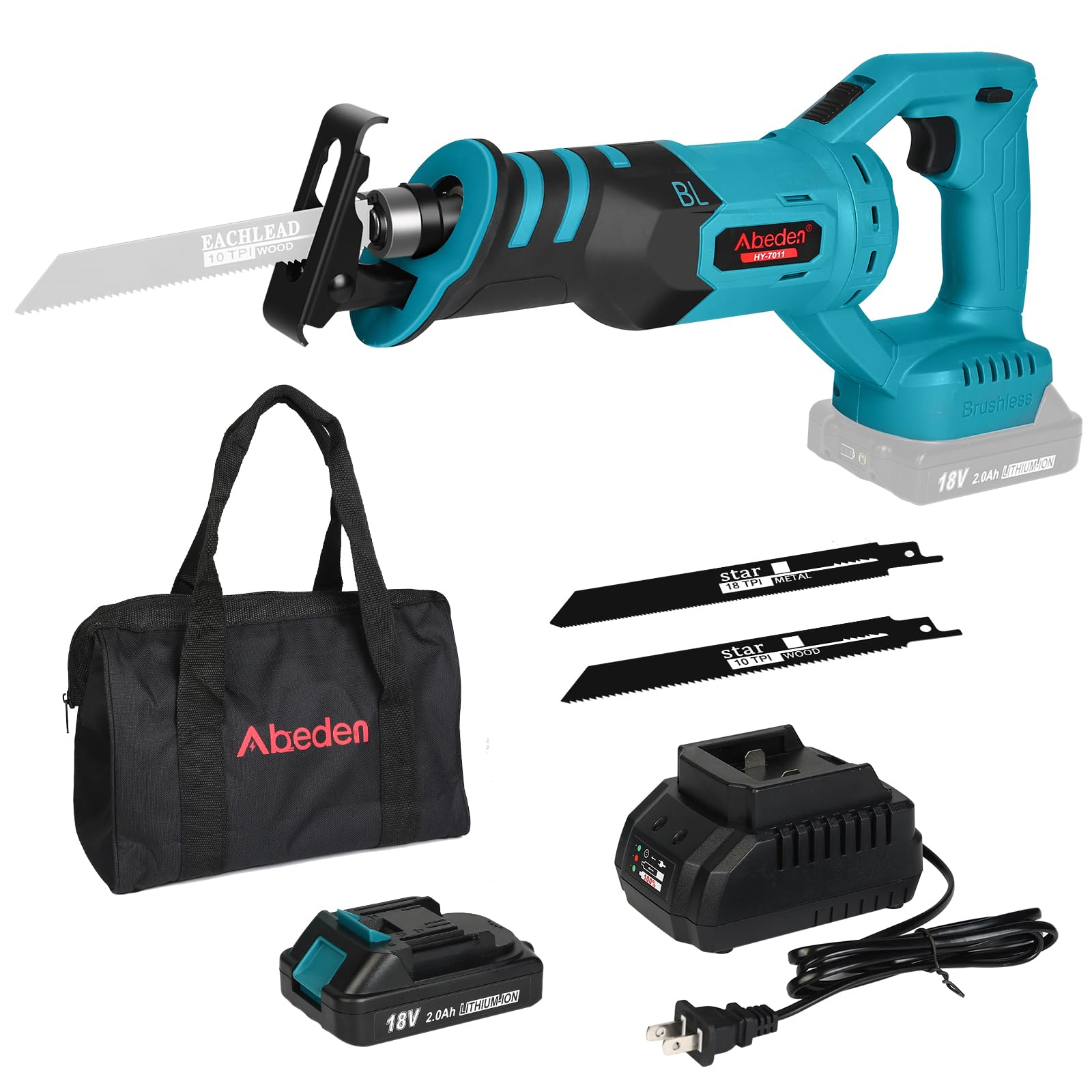 Cordless Reciprocating Saw Kit with 18V 2.0Ah Li-ion Battery and Charger,Electric Battery Powered Saw for Wood/Metal/PVC Pipe Cutting