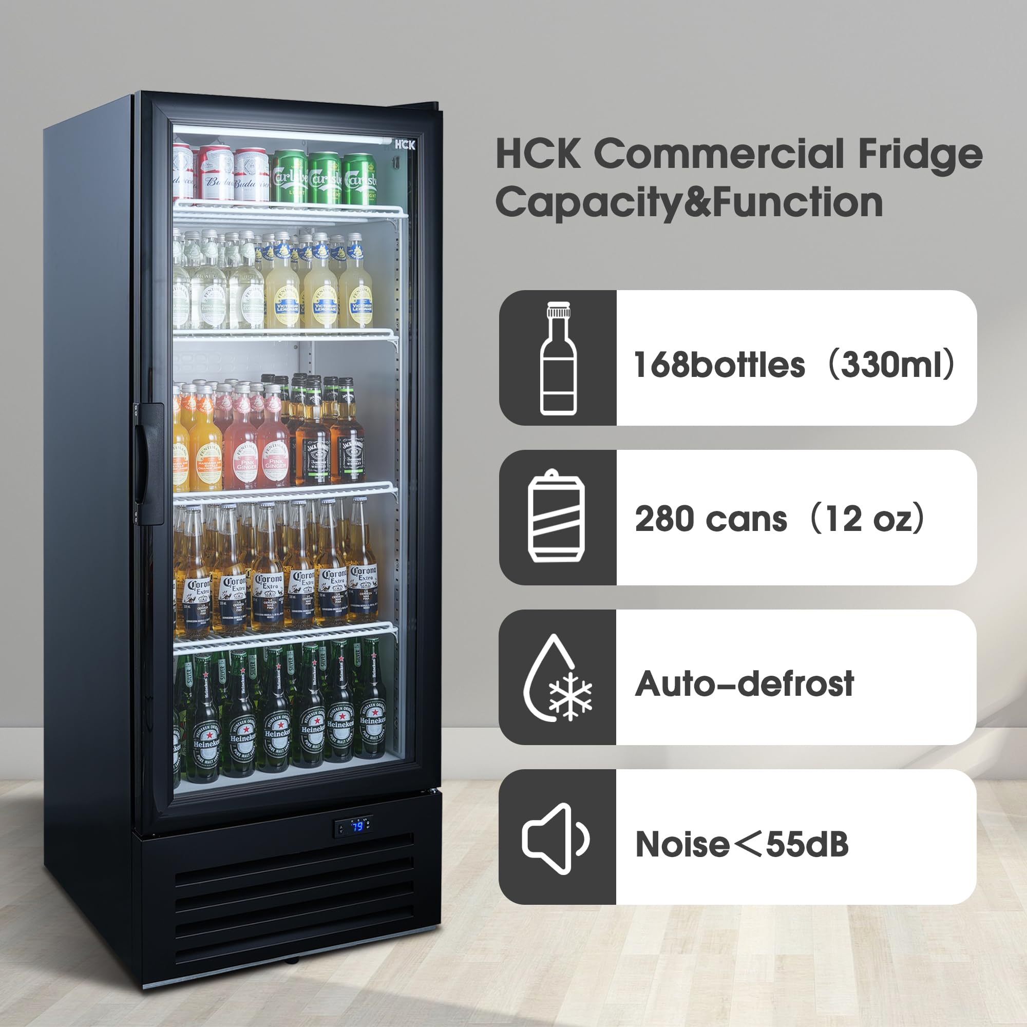 HCK Commercial Beverage Refrigerator 23 inch,10 cu.ft with Single Glass Door,Built-in or Freestanding for Supermarket, Shop,Bar,Restaurant,etc C280MX