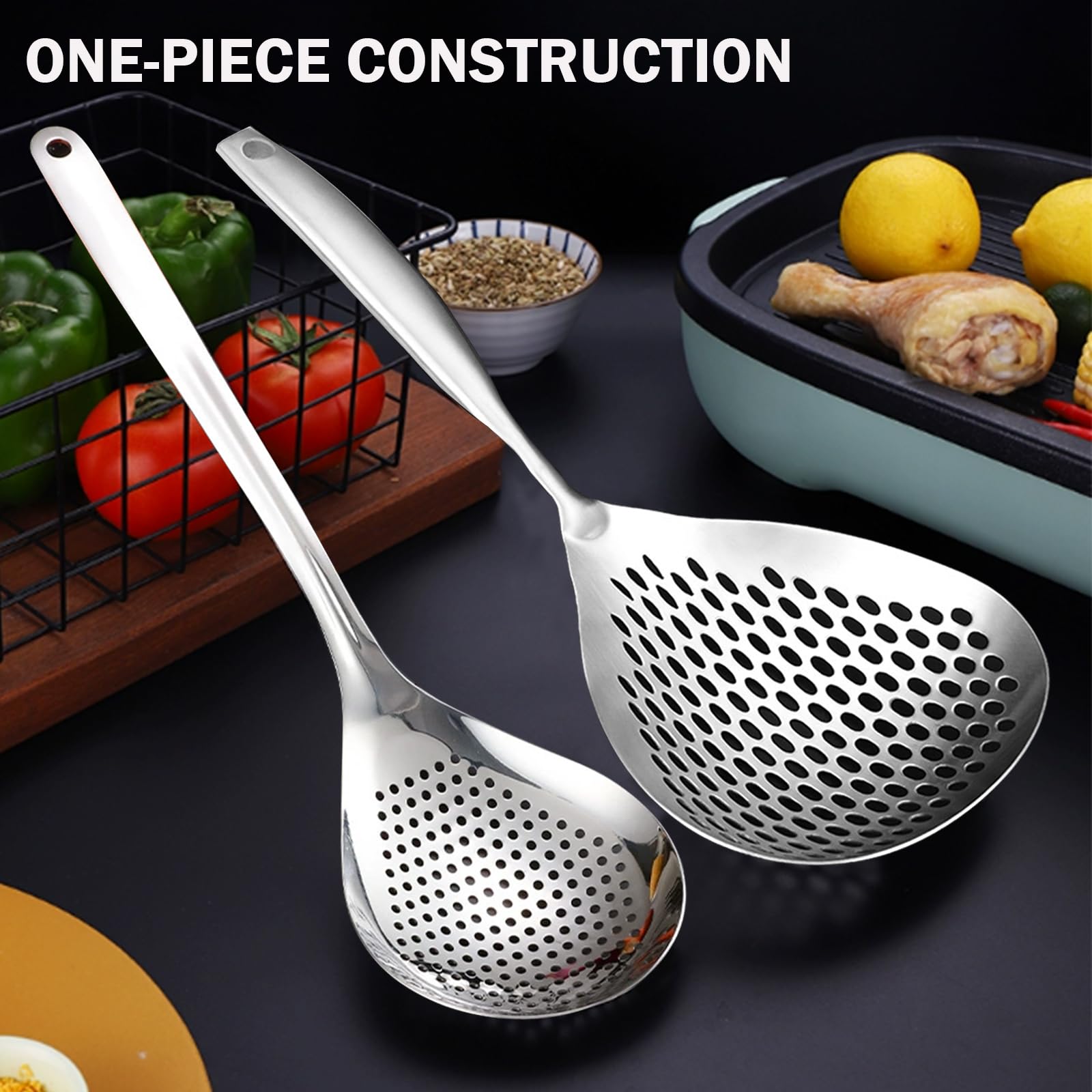 KAYCROWN Skimmer Slotted Spoon, 2 Pack Stainless Steel Pasta Spider Strainer Skimmer Ladle Spoon for Frying and Cooking, Frying Strainer Spoon, Kitchen Cooking Skimmer Colander