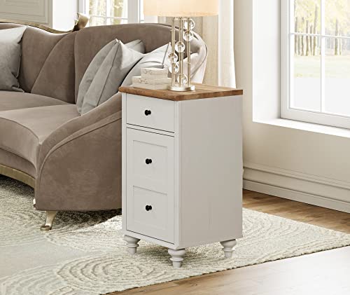 WAMPAT Set of 2 End Table with Charging Station, Wood Nightstands with Drawer and Storage Cabinet, Modern Side Tables Living Room Set of 2, Farmhouse Night Stands Bedside Table for Bedroom, White