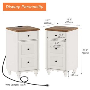 WAMPAT Set of 2 End Table with Charging Station, Wood Nightstands with Drawer and Storage Cabinet, Modern Side Tables Living Room Set of 2, Farmhouse Night Stands Bedside Table for Bedroom, White