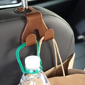 AICEL Car Seat Headrest Hook, 4 Pack Purse Hooks for Auto, 2 in 1 Durable Seat Back Hanger, Storage Organizer Phone Holder for Automotive Interior, Universal for Handbag Coat Grocery (Brown)