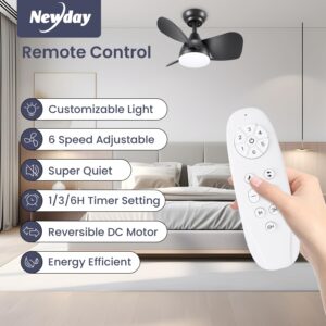 Newday Ceiling Fan with Lights Remote Control, 22 inch Quiet DC Motor Small Ceiling Fans, Dimmable Ceiling Fan for Bedroom, Kids Room, Kitchen (Black)