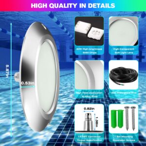 HUSUKU PL3-4 6Inch RGB LED Pool Light-50FT 60W 6000LM Ultra Slim Pool Lights for Inground Pools Waterproof IP68, 12V Underwater Swimming pool light Fixture(1/2 NPT Thread, Remote Control NOT Included)